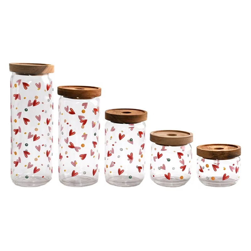 5 Sizes Round Storage Jars with Wooden Lid 0.3L,0.5L,0.7L,1L,1.3L (59-2551)