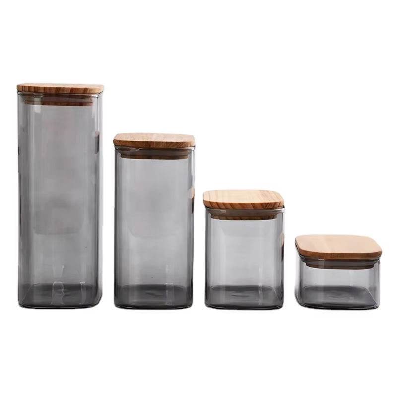 4 Sizes Square Storage Jars with Wooden Lid 0.3L,0.7L,1.2L,1.6L (59-2805)