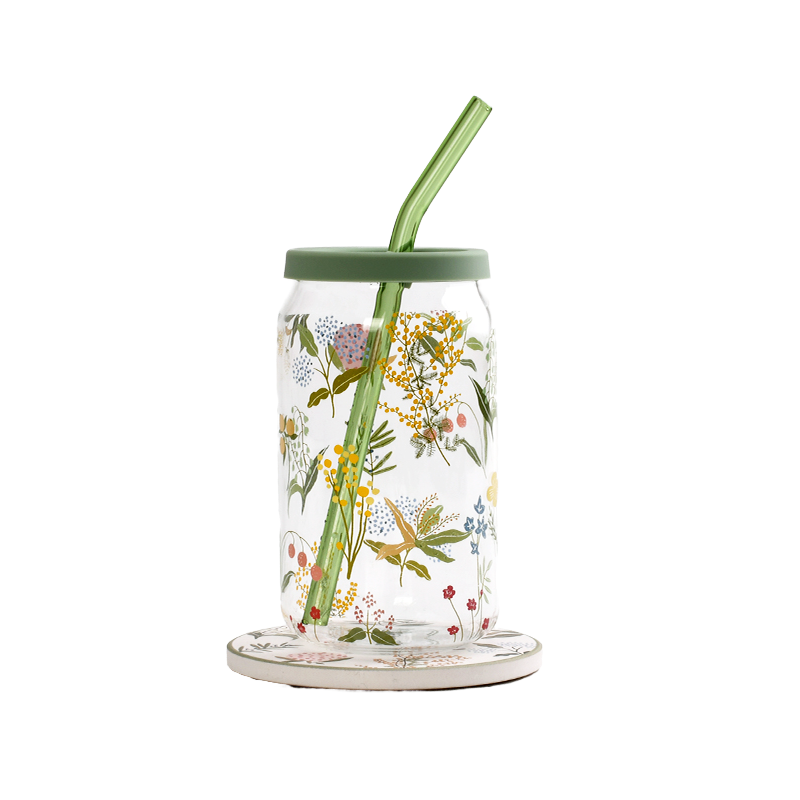 Round Glass Cup with Silicone Lid and Glass Straw 0.4L (59-2589)