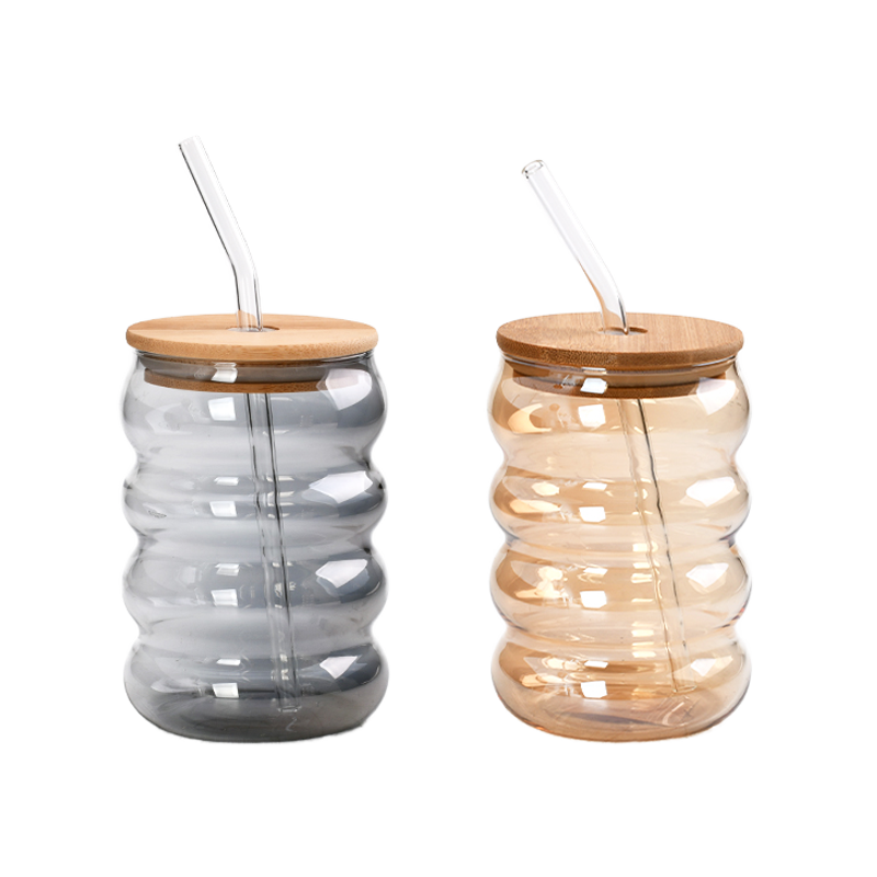 Round Glass Cup with Wooden Lid and Glass Straw 0.5L (59-2732)