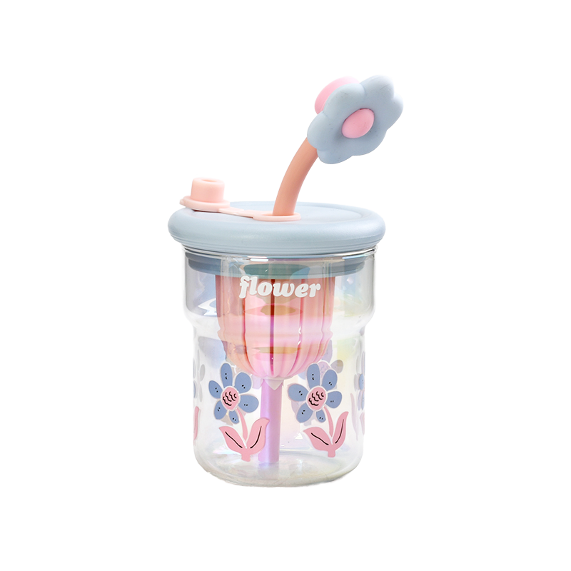 Round Glass Cup with Silicone Flower Shaped Lid and Straw 0.5L (59-2786)